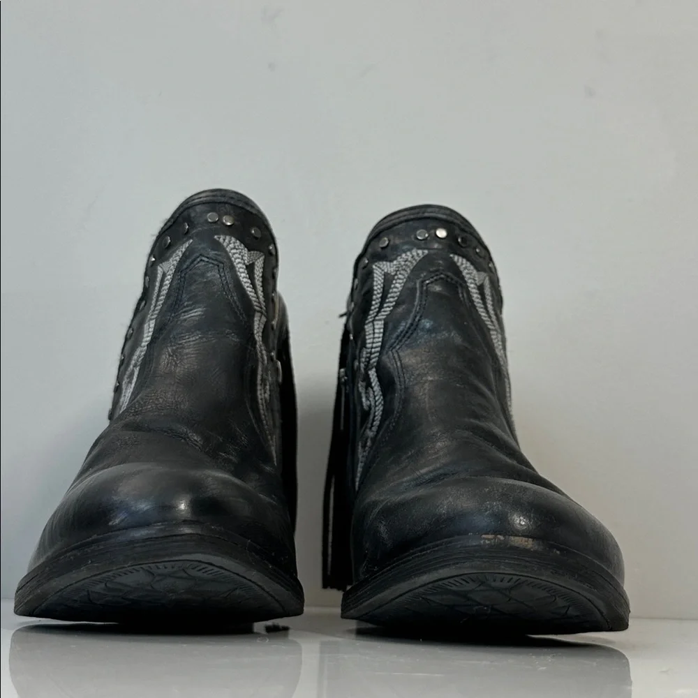 Black Leather Fringe Studded Cowboy Ankle Boots